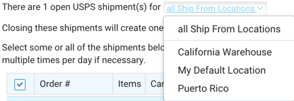 The all ship from locations drop-down with the available addresses listed.