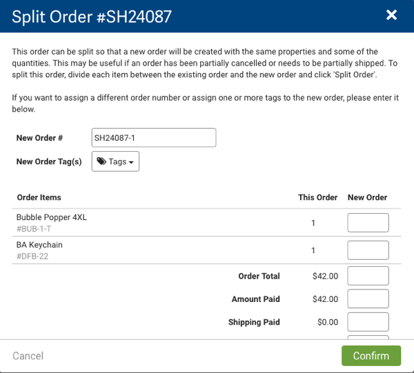 Split Order pop-up. New Order Number field has number with a suffix ( dash 1) and lists products in the order. ​